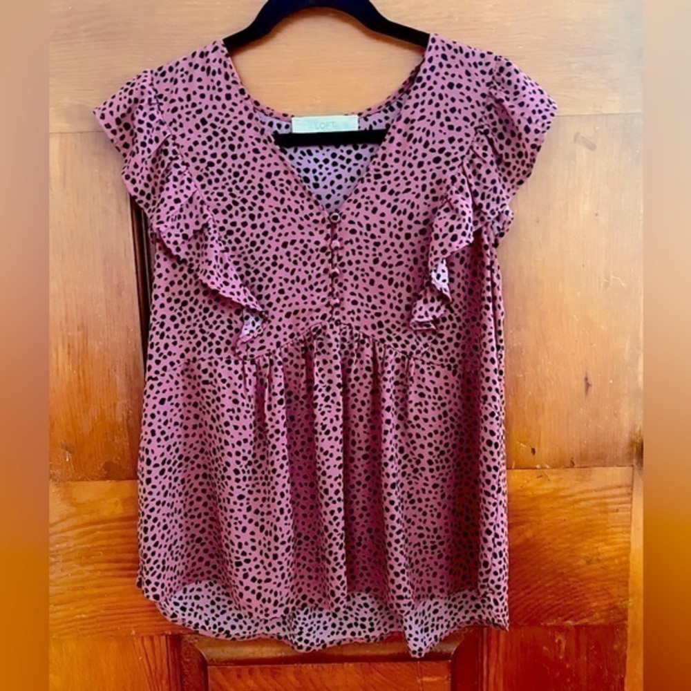 LOFT Mauve Pink Babydoll Animal Print Ruffle Short Sleeve Babydoll Blouse Small